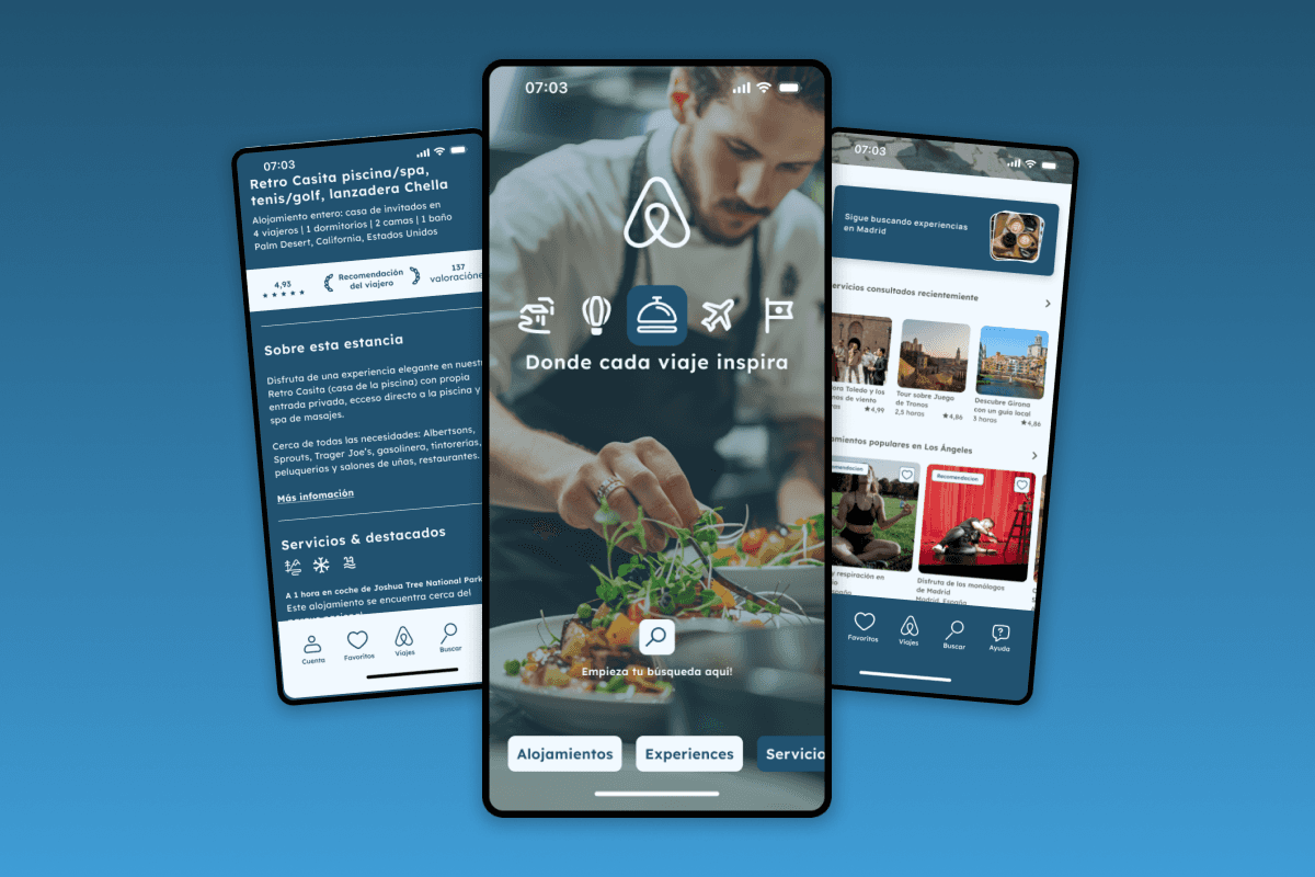La app de Airbnb rediseñada en un iPhone, mostrando el lenguaje visual unificado