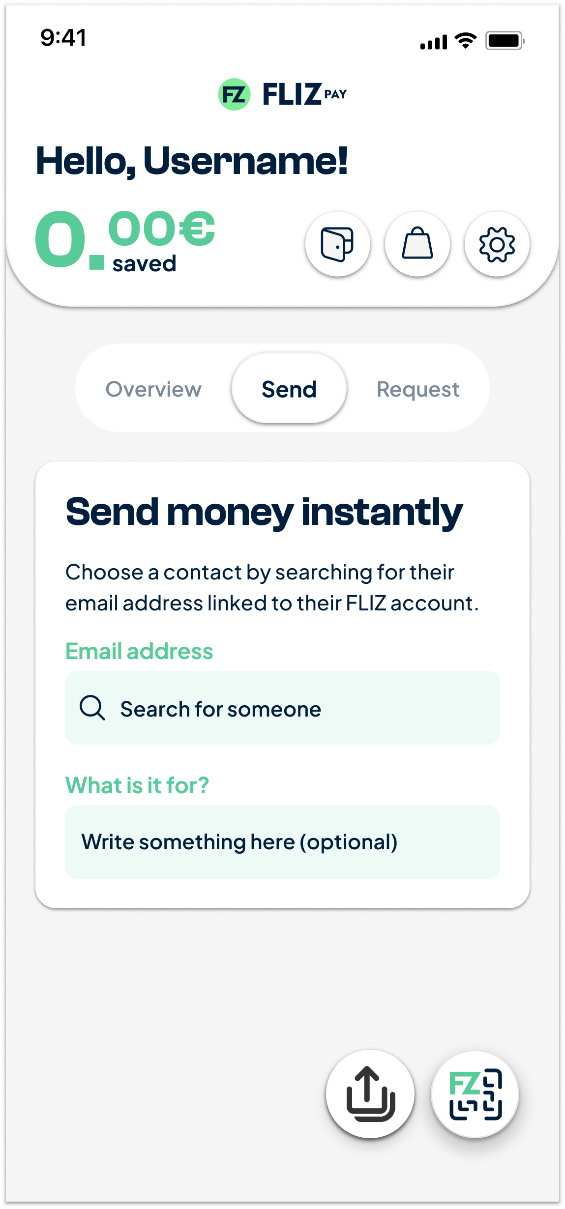 The consumer app homescreen with send-funds and offers surfaced on entry