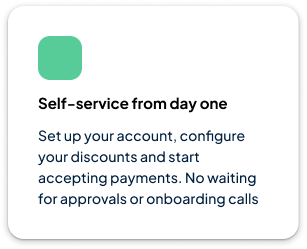 FLIZpay marketing card: self-service setup, configuring discounts and accepting payments without onboarding calls