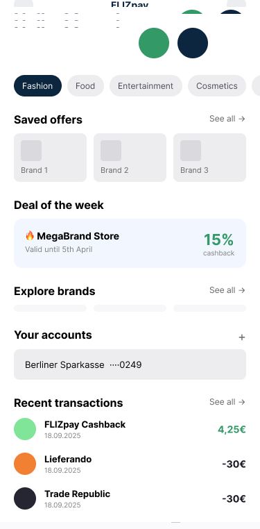 Consumer app concept A: a homescreen with category chips, a saved-offers row, a deal-of-the-week card and a bottom navigation bar