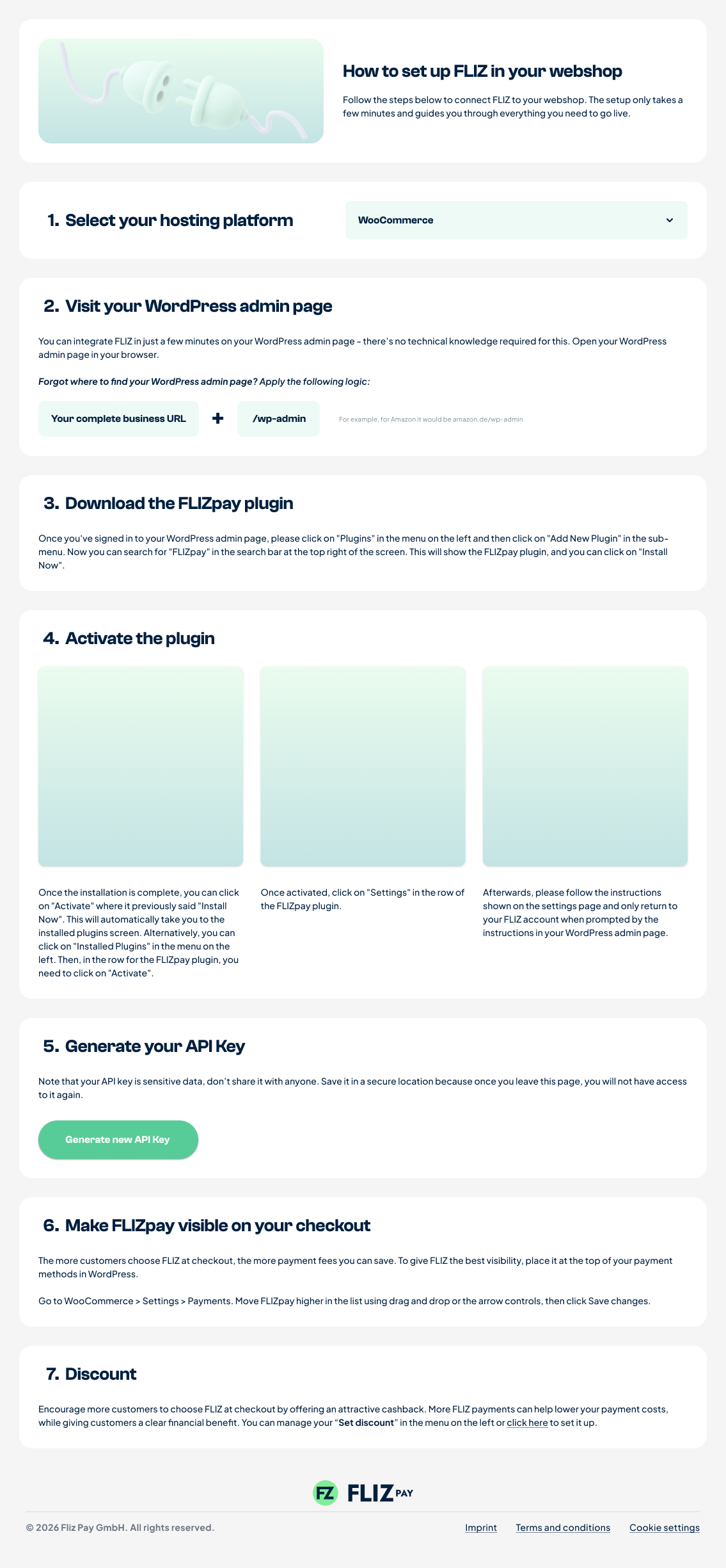 The FLIZpay installation guide: a clean, sequential static documentation layout stepping a merchant through selecting a platform, installing the plugin, generating an API key, setting a discount and uploading a logo