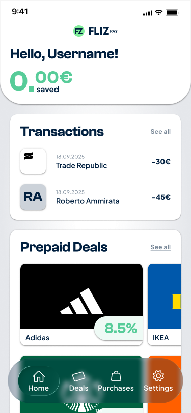 The later glass-effect iteration of the app homescreen: transactions, prepaid deals and a floating glass bottom menu over the content