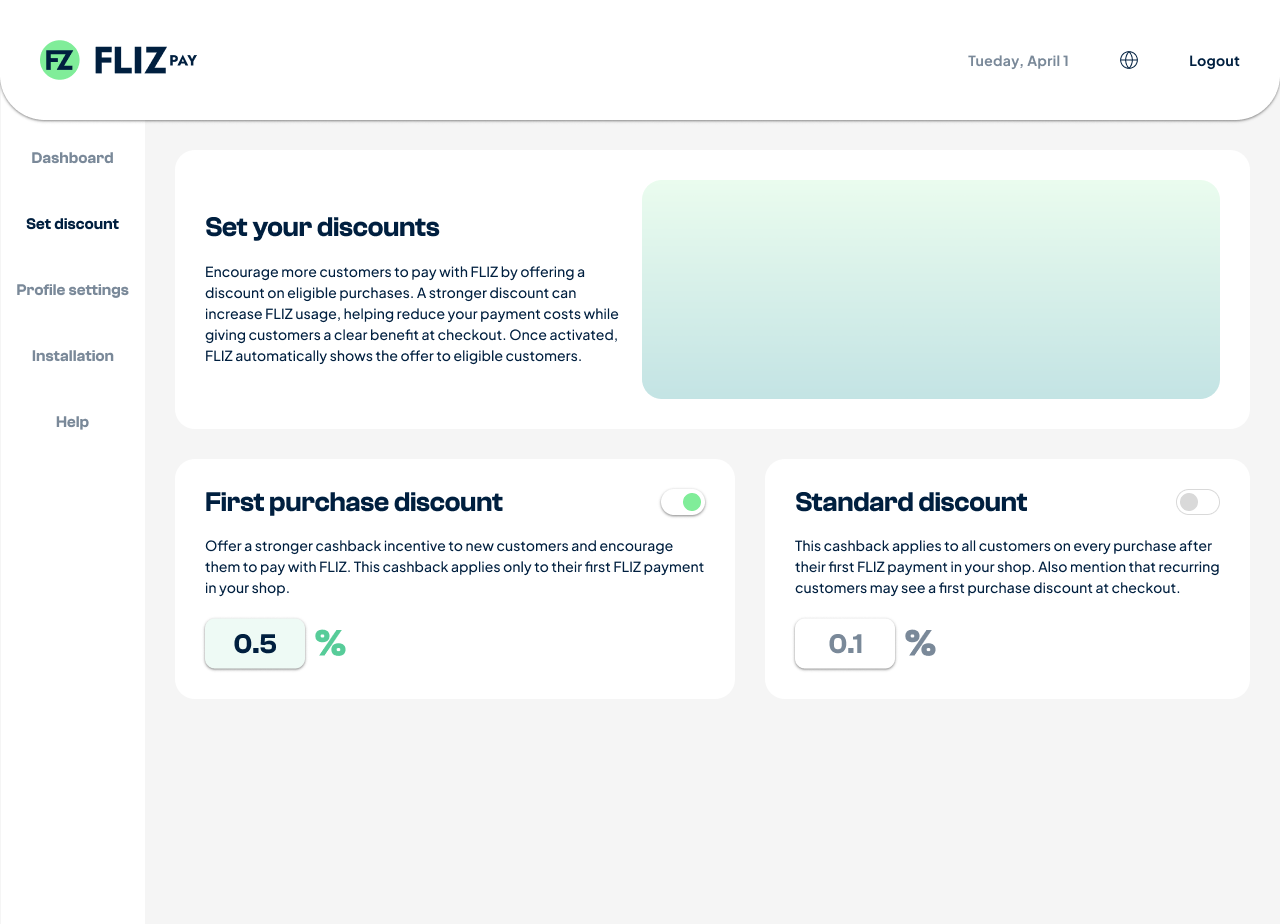 The FLIZpay Set Discount area: separate first-purchase and standard discount controls with percentage inputs and toggles, and a live preview of the customer-facing offer