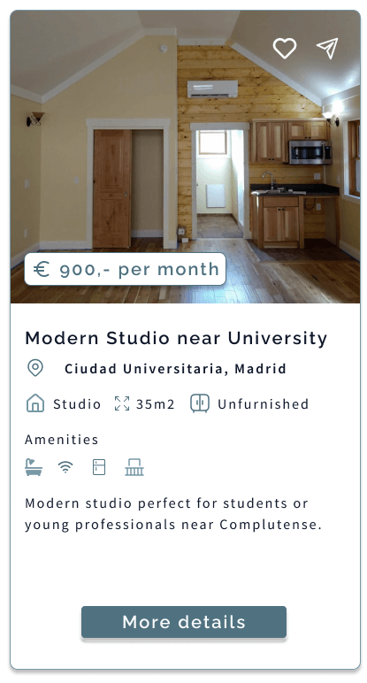 Una tarjeta de anuncio de Urbiqo tal como se diseñó: foto, precio, título, una fila de ubicación con pin, tipo de habitación y tamaño, comodidades, luego una descripción y un botón de Más detalles