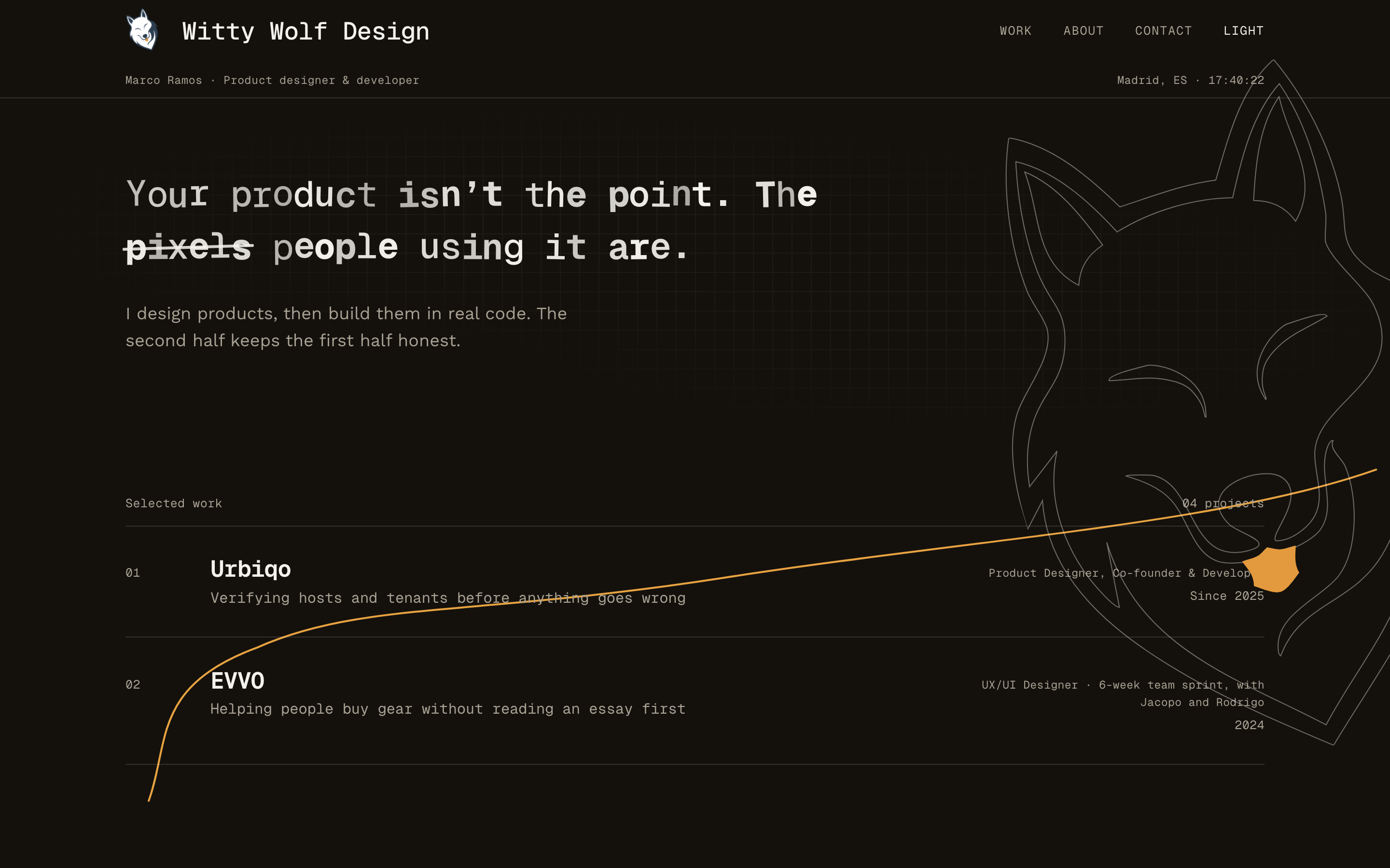 The new Astro home page in the dark theme: the same hero with the wolf line work in paper tone on near-black