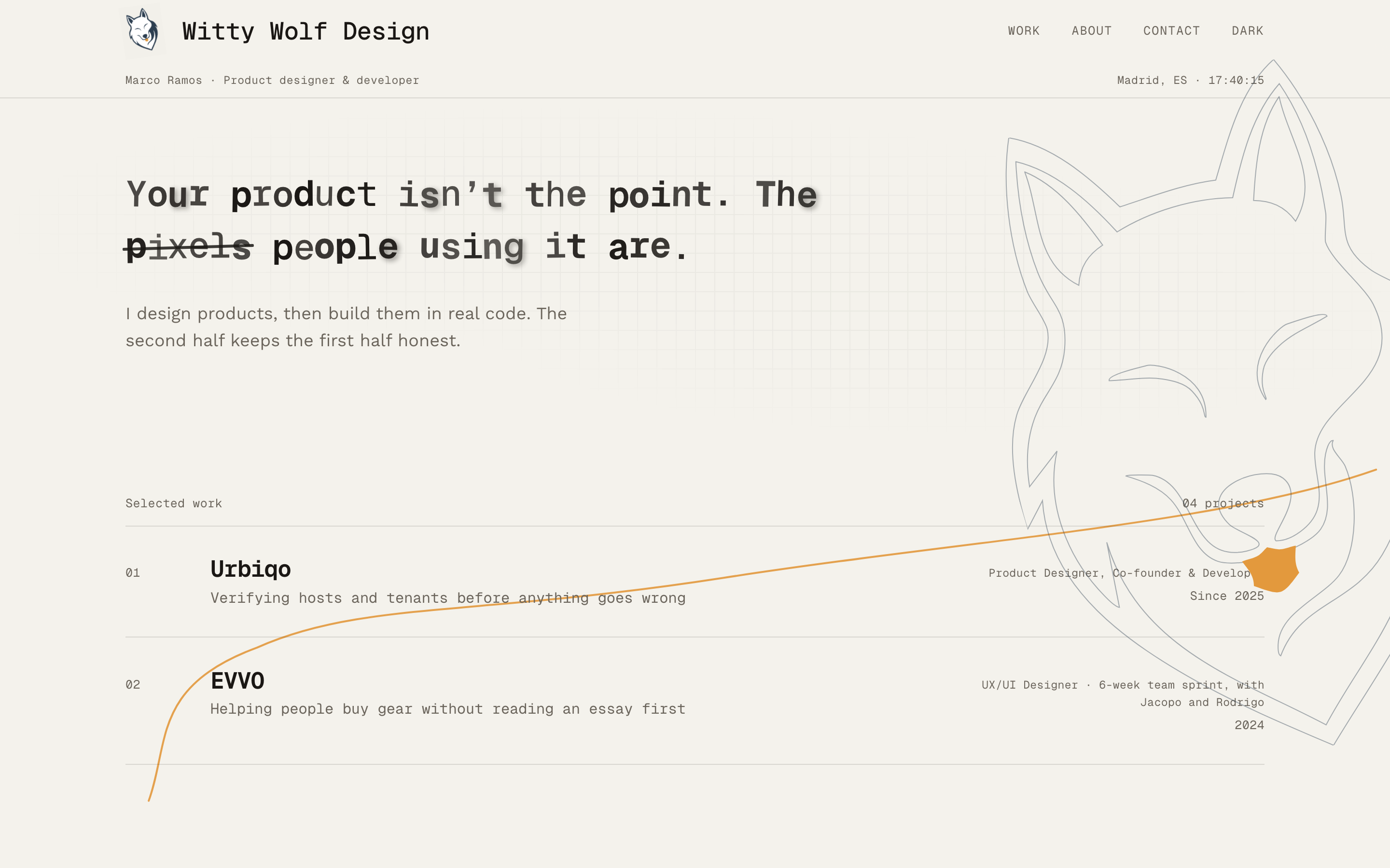 The new Astro home page in the light theme: typewriter hero with pixels struck through, the line-art wolf drawn in on warm paper