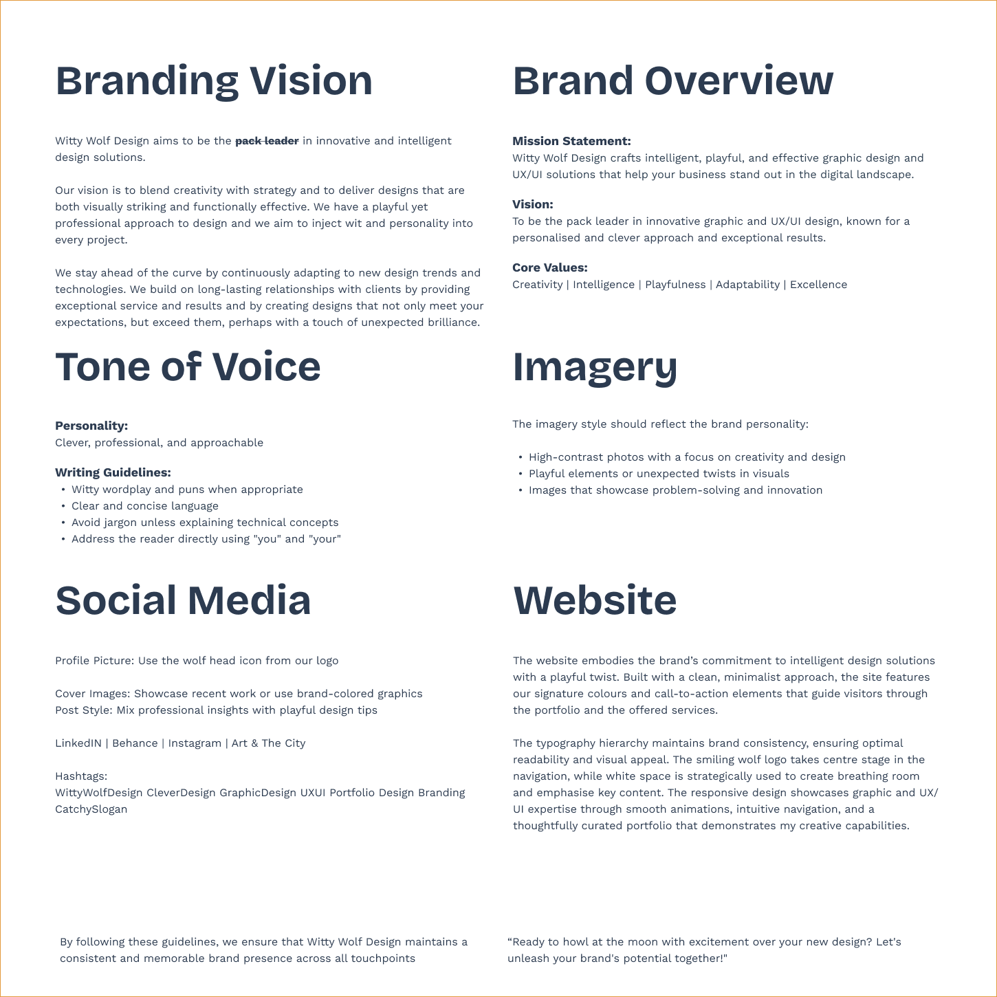The old brand guidelines sheet: branding vision, tone of voice and imagery principles for Witty Wolf Design