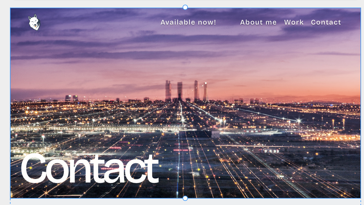 The old contact page: a stock long-exposure skyline photo with a giant Contact title