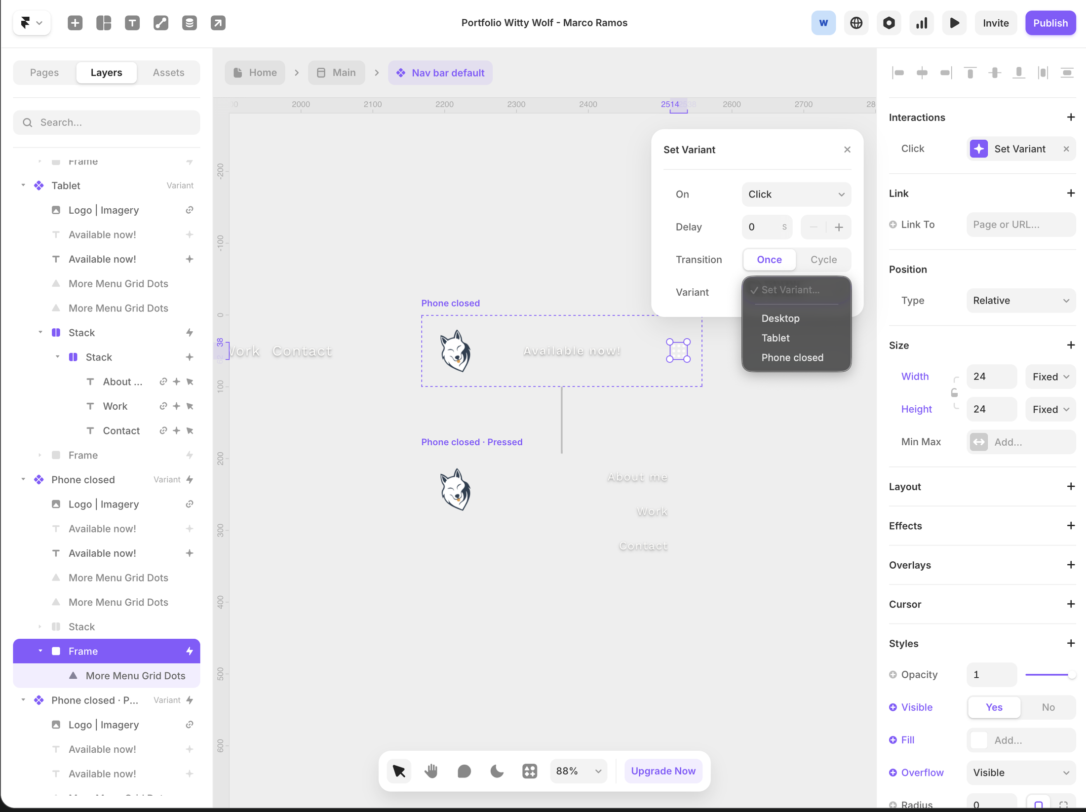 The Witty Wolf site open inside the Framer editor, variant panels and an Upgrade Now button visible