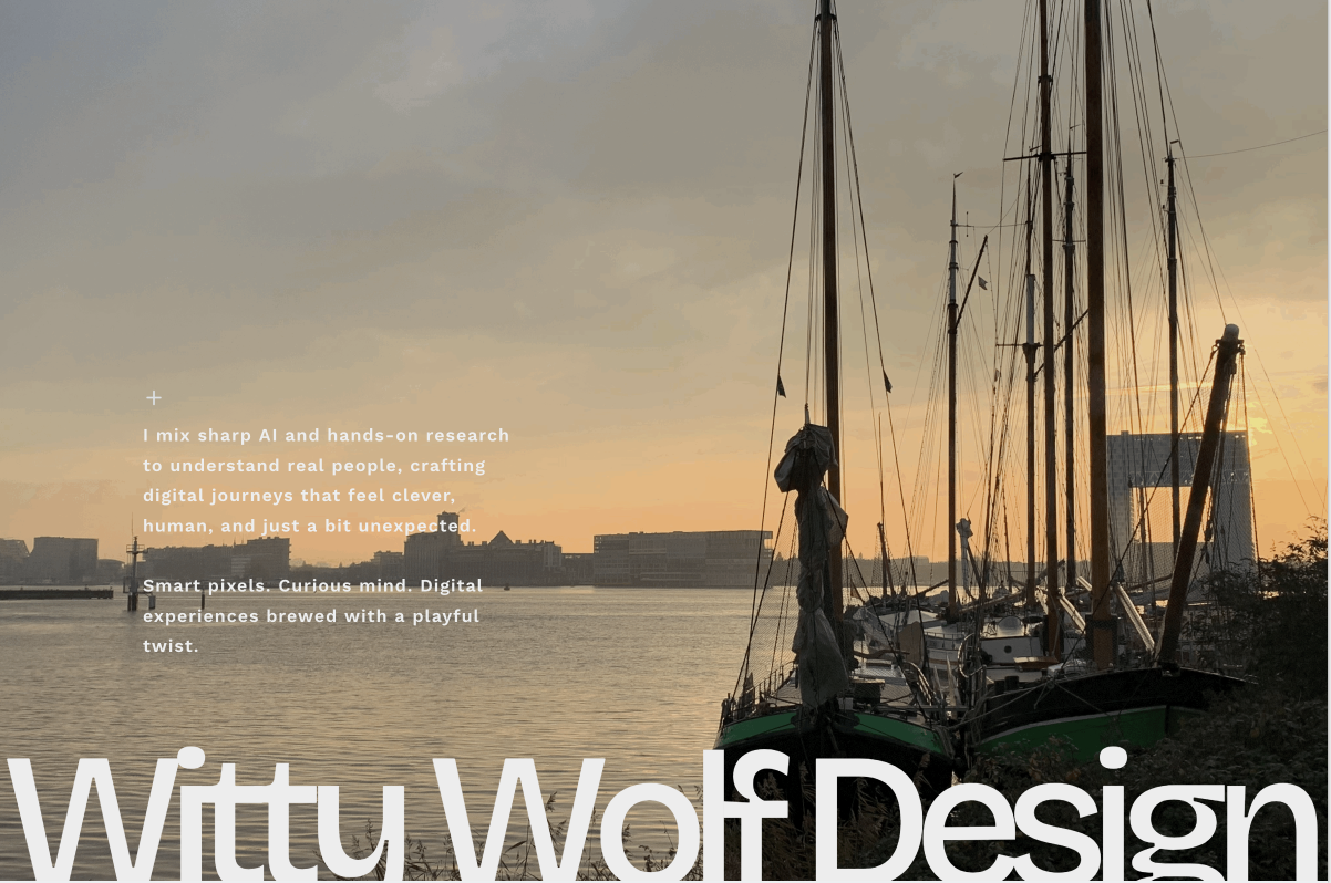 The old Framer landing page: a sunset photo of sailing boats in Amsterdam with Witty Wolf Design set in the old rounded display face