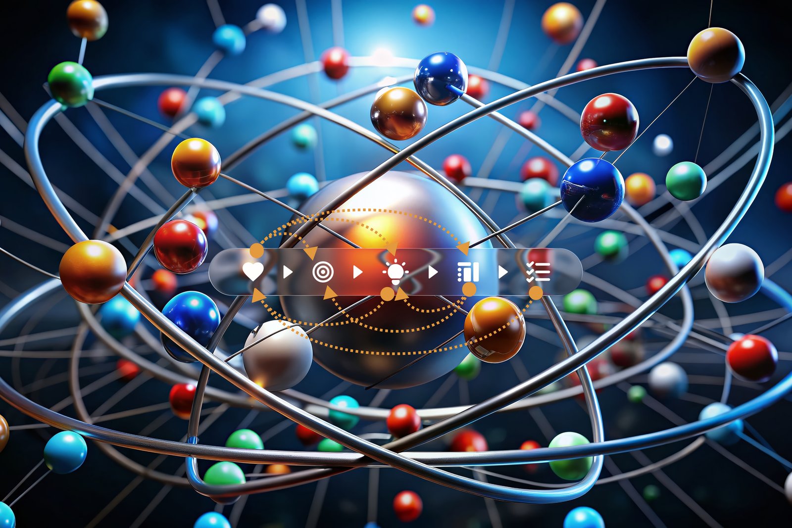 The old work page hero: a generic stock 3D render of atoms and orbiting spheres